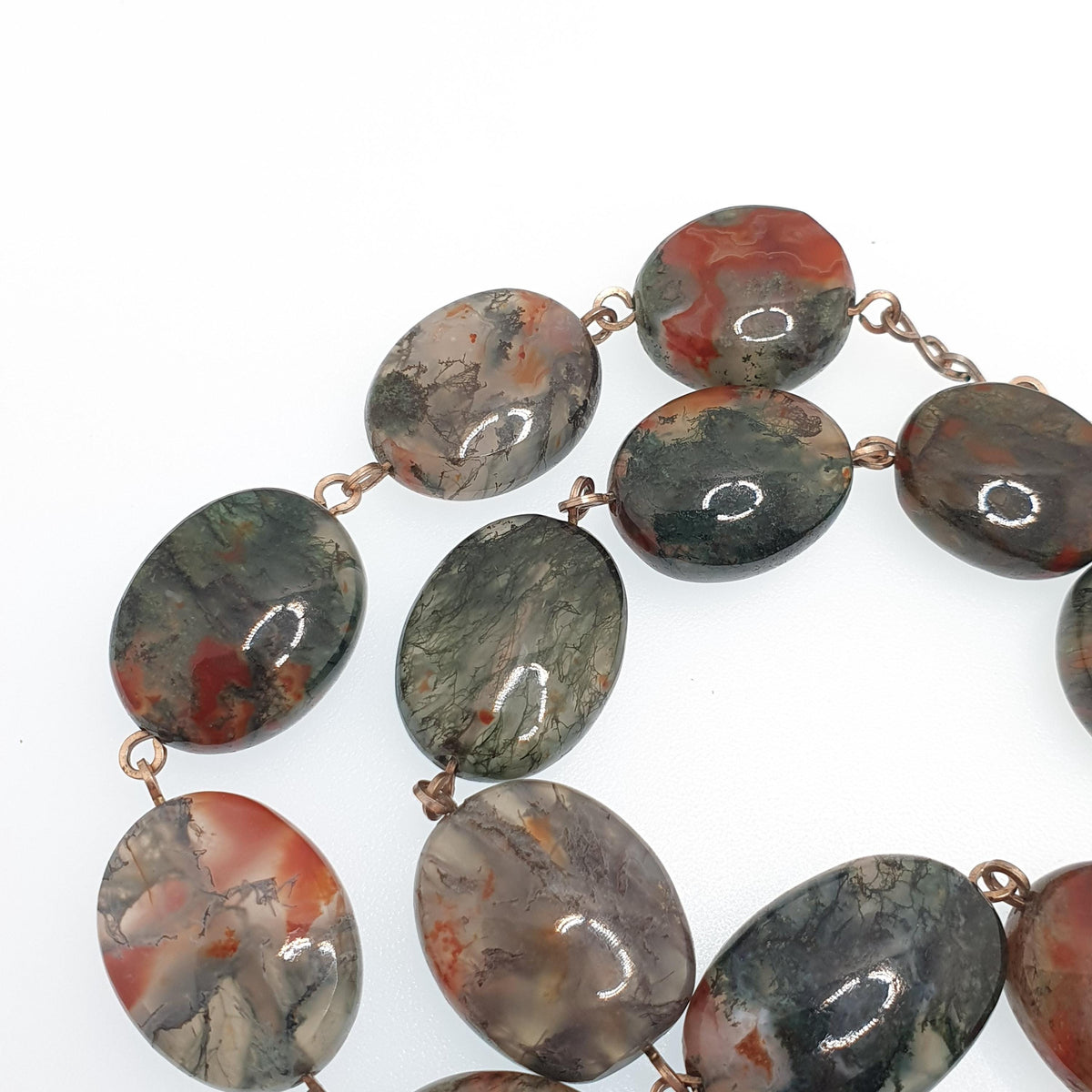 Antique Moss Agate Bead Necklace Rolled Gold Filled Natural Veined Quartz Gemstone Chunky 41cm 16.1" 57.64g Vintage Womens Jewellery Jewelry