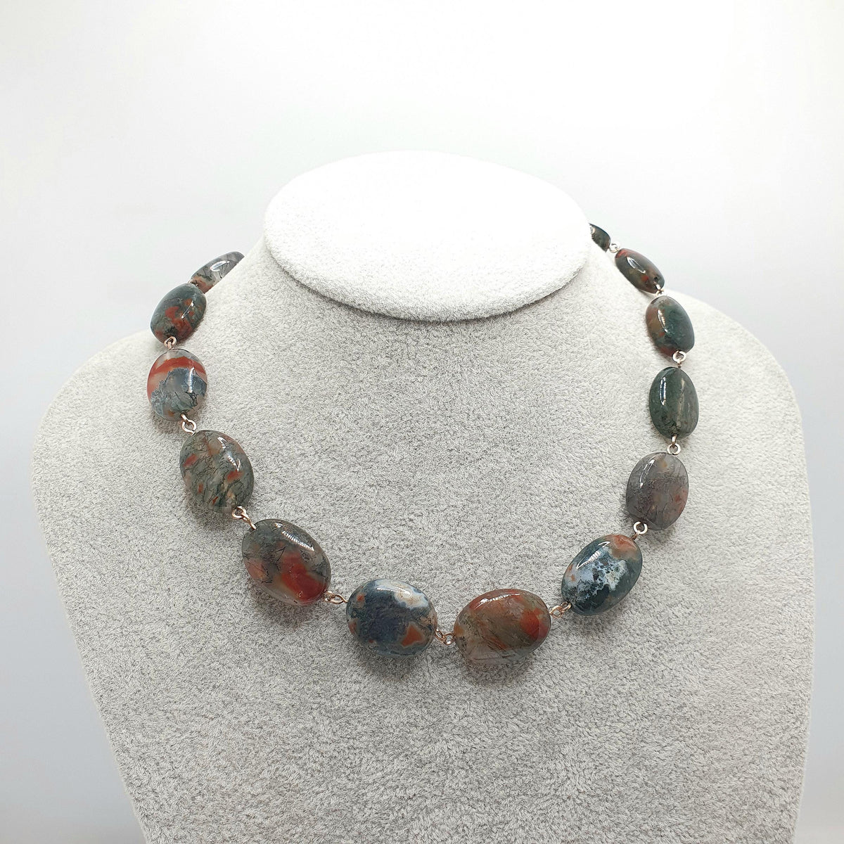 Antique Moss Agate Bead Necklace Rolled Gold Filled Natural Veined Quartz Gemstone Chunky 41cm 16.1" 57.64g Vintage Womens Jewellery Jewelry
