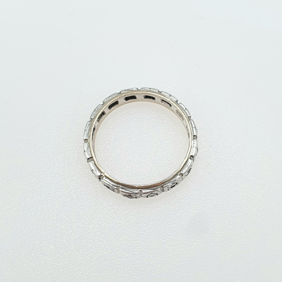 Antique 9ct Gold & Solid Silver Eternity Ring White Spinel Gemstones Square Pattern Vintage Womens Jewelry Jewellery UK M.5 US 6.75