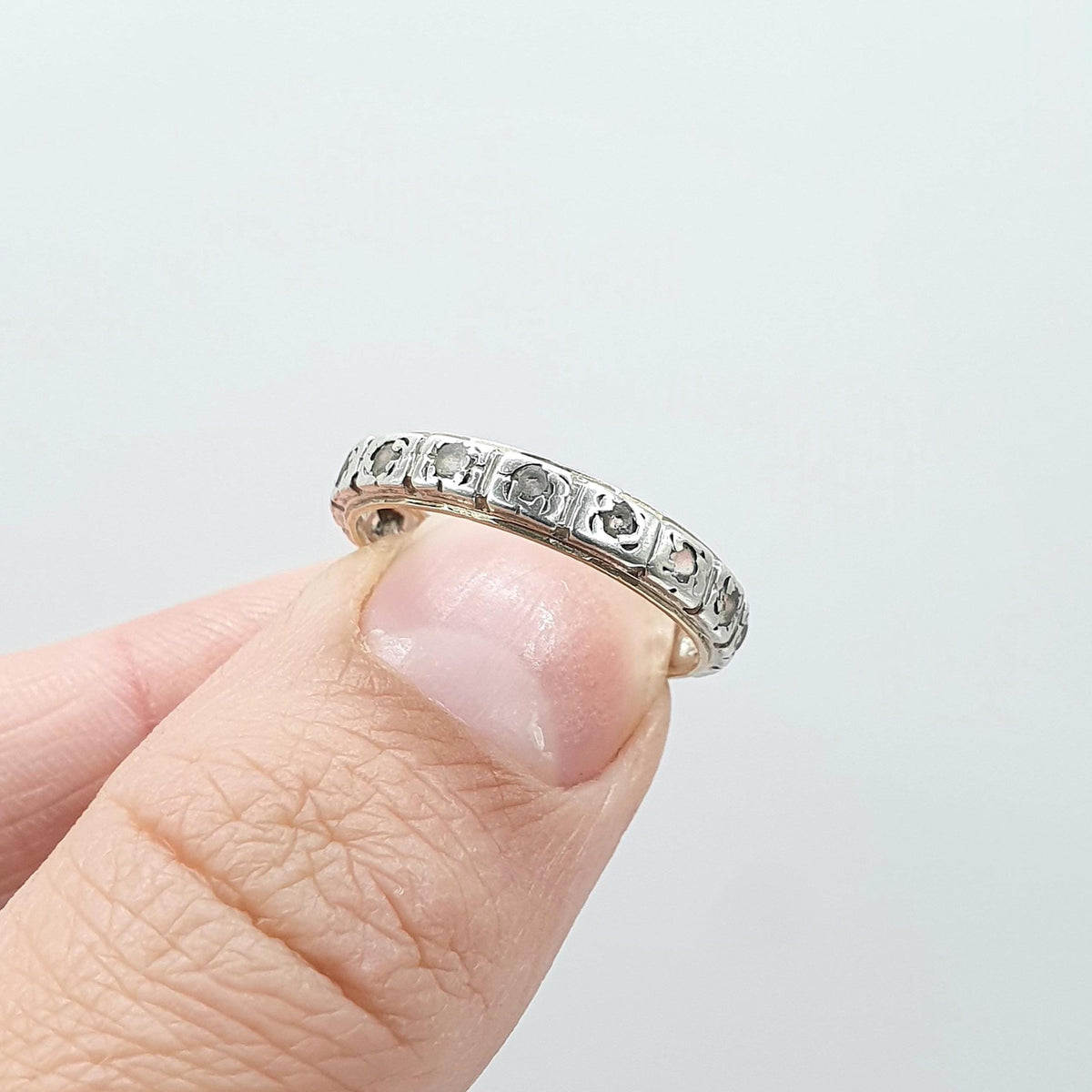 Antique 9ct Gold & Solid Silver Eternity Ring White Spinel Gemstones Square Pattern Vintage Womens Jewelry Jewellery UK M.5 US 6.75