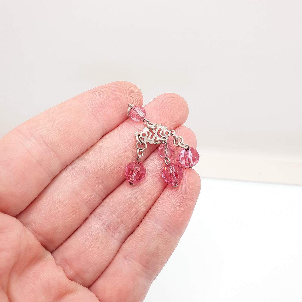 Antique Solid Silver Pink Paste Tassel Pendant Art Deco Faceted Crystal Bead Hanging Ball 1920s Flapper Womens Vintage Jewelry Jewellery