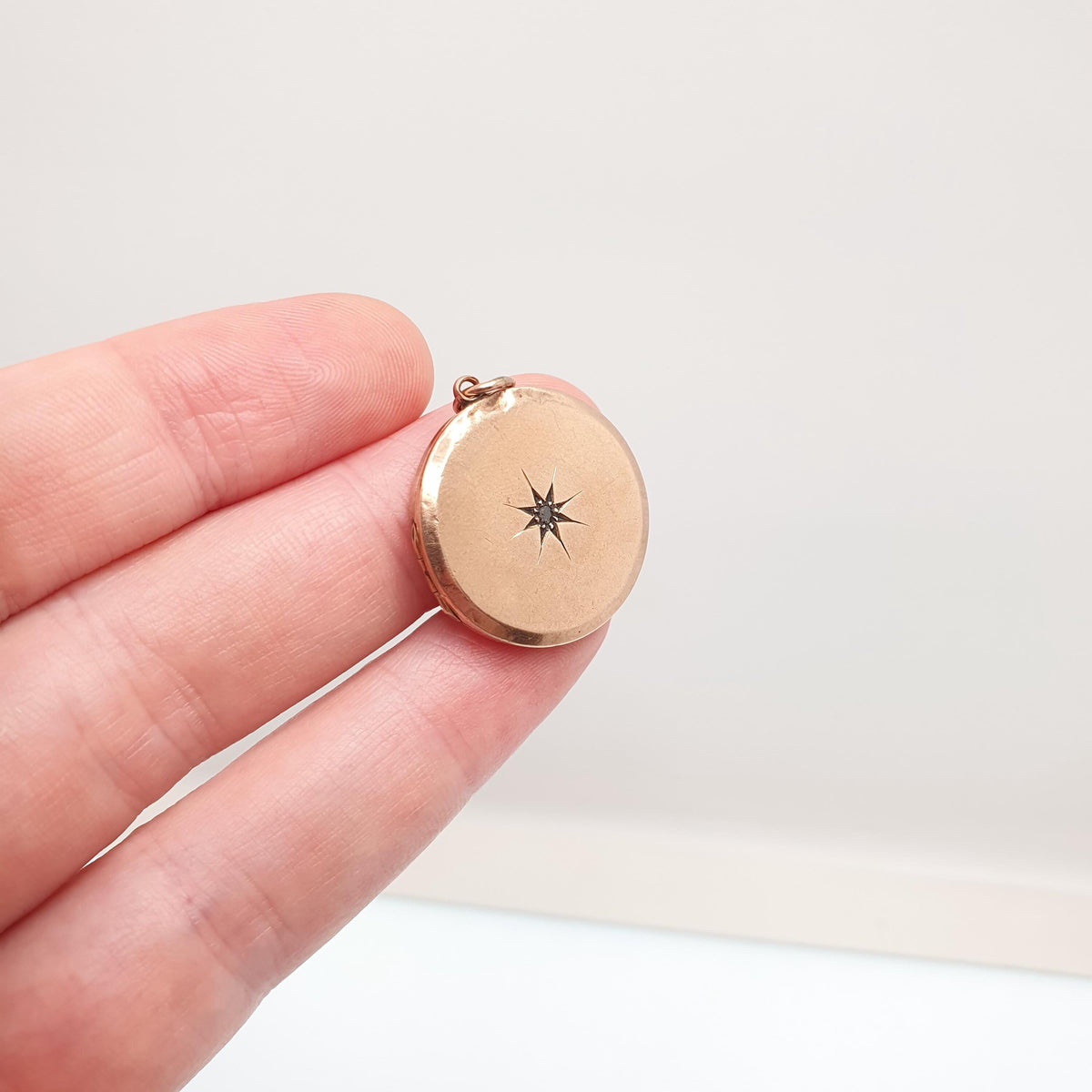 Antique 9ct Rose Gold Diamond Locket Pendant Solid 9k 9kt Back & Front Star Centre Genuine Gemstone Necklace Jewelry Jewellery
