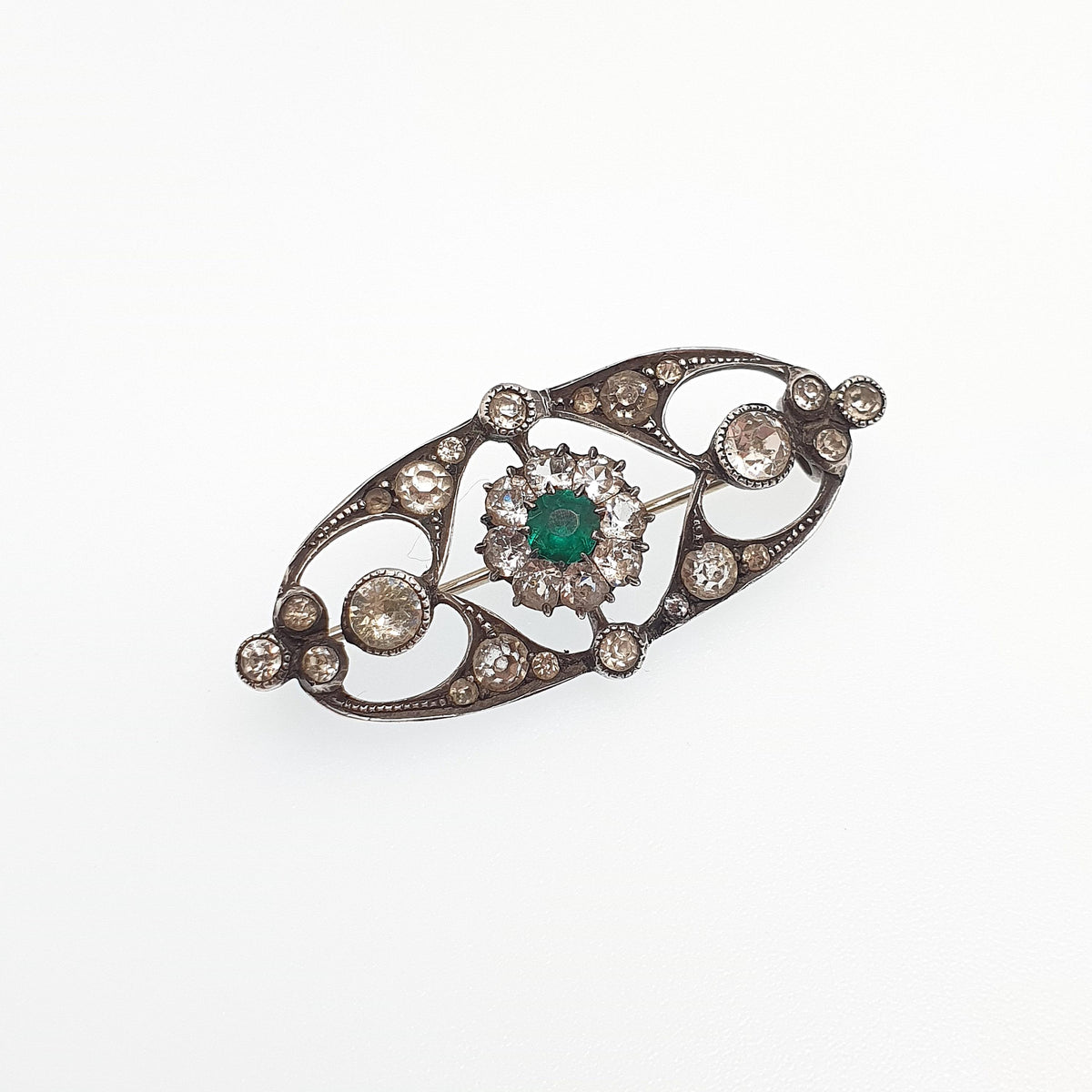 Antique Solid Silver Emerald Paste Brooch Victorian Diamond Pastes Vintage Cluster Handmade 1800s Vintage Womens Jewelry Jewellery