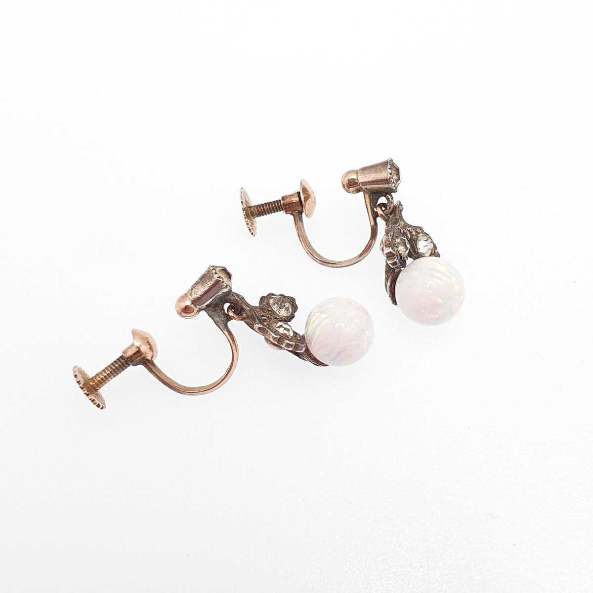 Antique 9ct Gold Opal & Diamond Paste Earrings Victorian Solid Silver White Opal Bead Solid 9k 9kt Screw Back Vintage Jewelry Jewellery