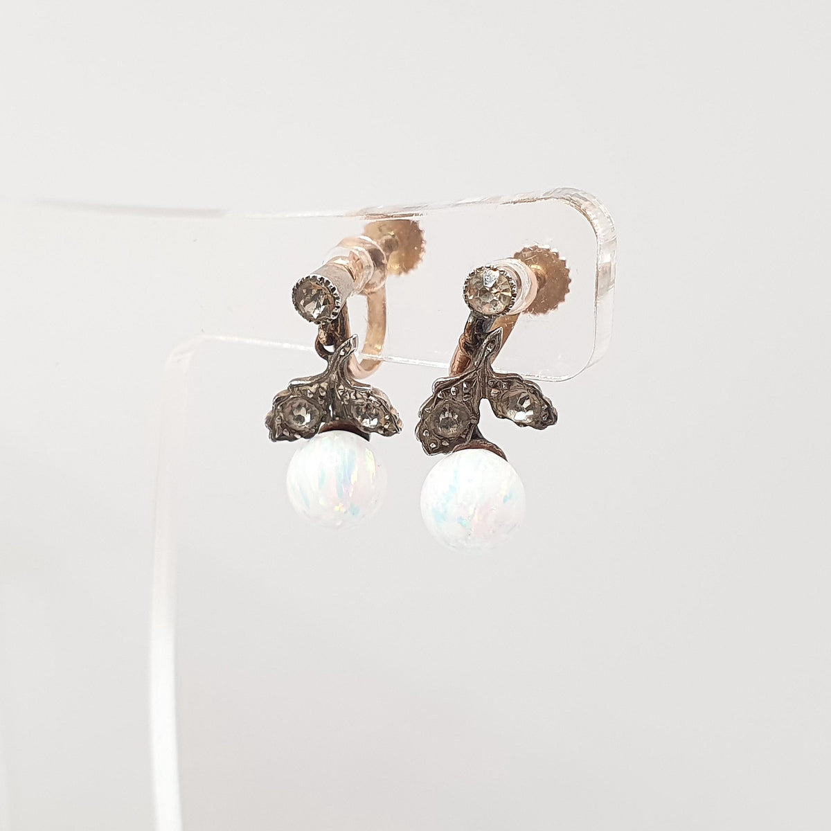 Antique 9ct Gold Opal & Diamond Paste Earrings Victorian Solid Silver White Opal Bead Solid 9k 9kt Screw Back Vintage Jewelry Jewellery