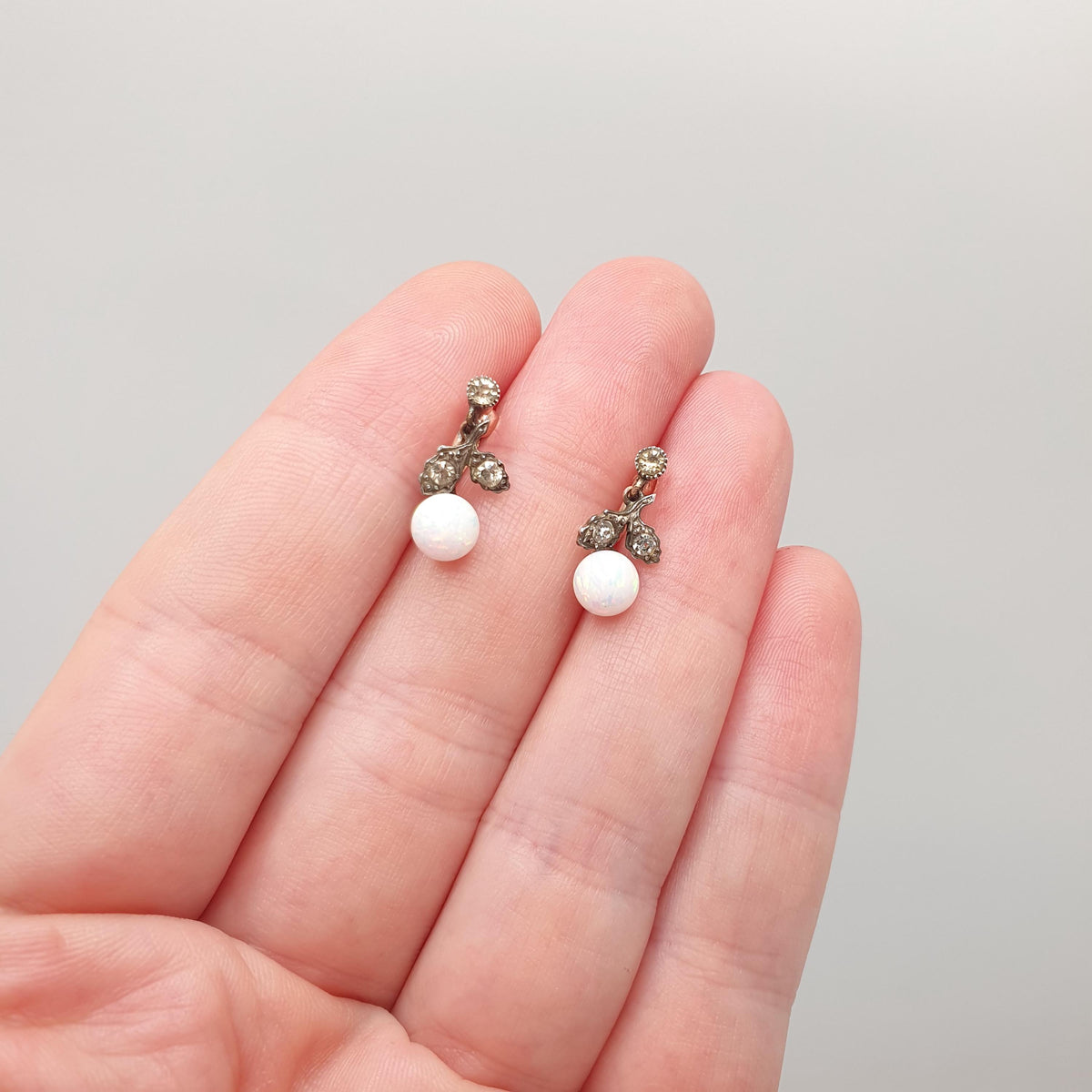 Antique 9ct Gold Opal & Diamond Paste Earrings Victorian Solid Silver White Opal Bead Solid 9k 9kt Screw Back Vintage Jewelry Jewellery