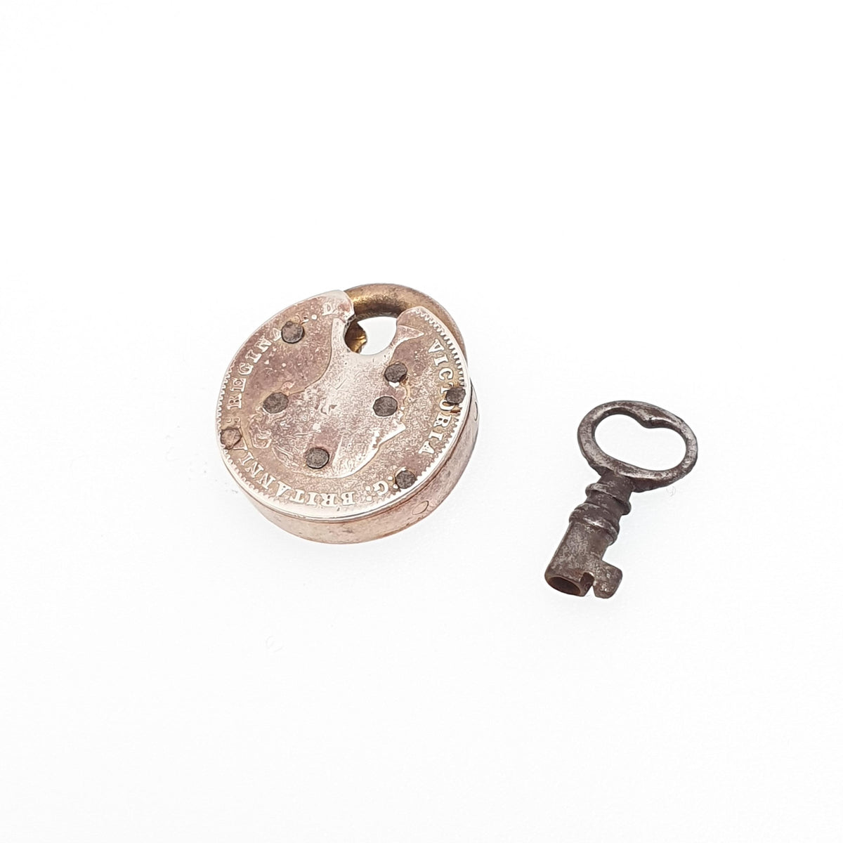 Antique Victorian Sterling Silver Coin Padlock Clasp WORKING WITH KEY Charm Pendant Necklace Victorian Threepence Jewellery Jewelry
