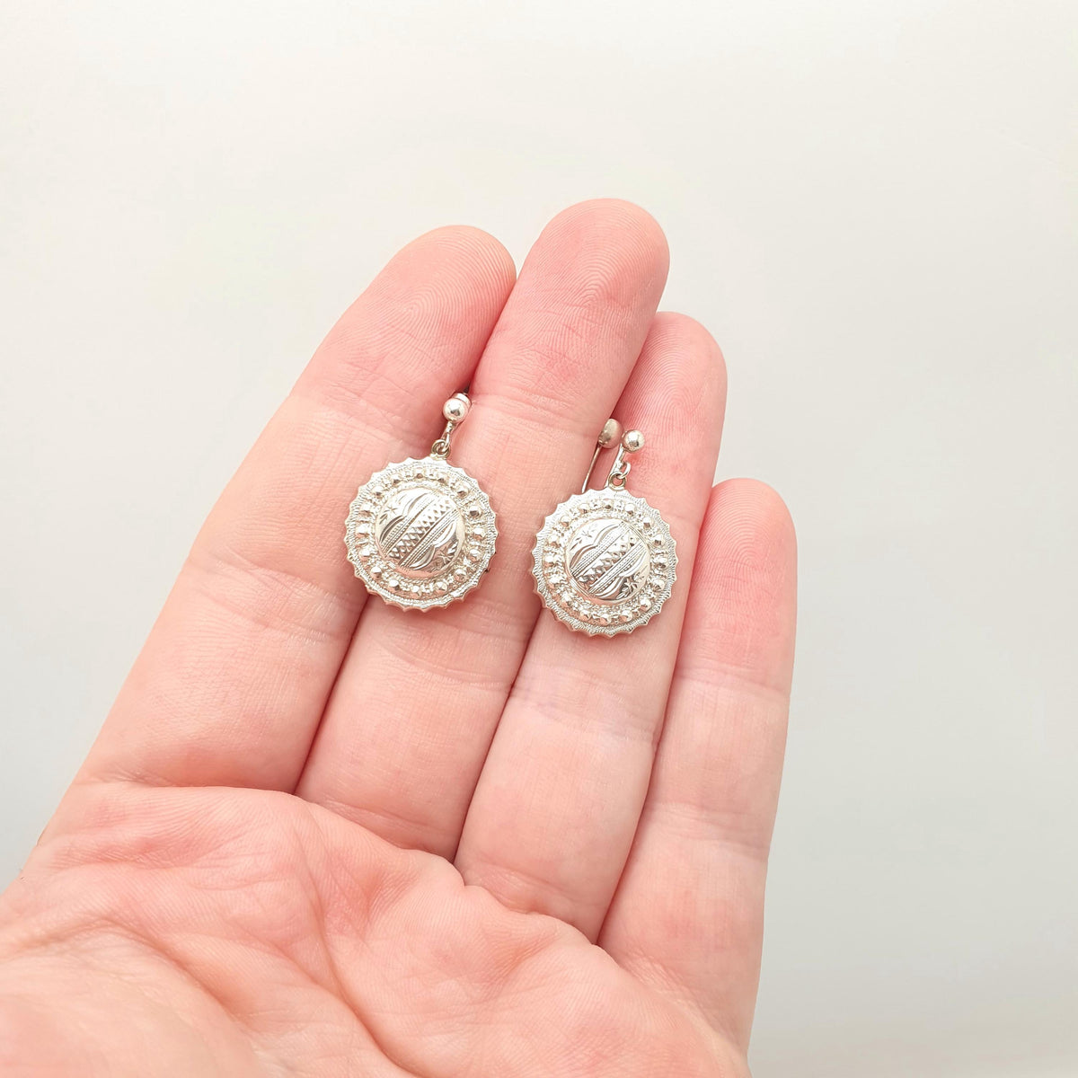 Antique Victorian Solid Silver Earrings Etruscan Dome Beaded Screw Back Drop Hanging Dangle 1800s Womens Vintage Jewelry Jewellery