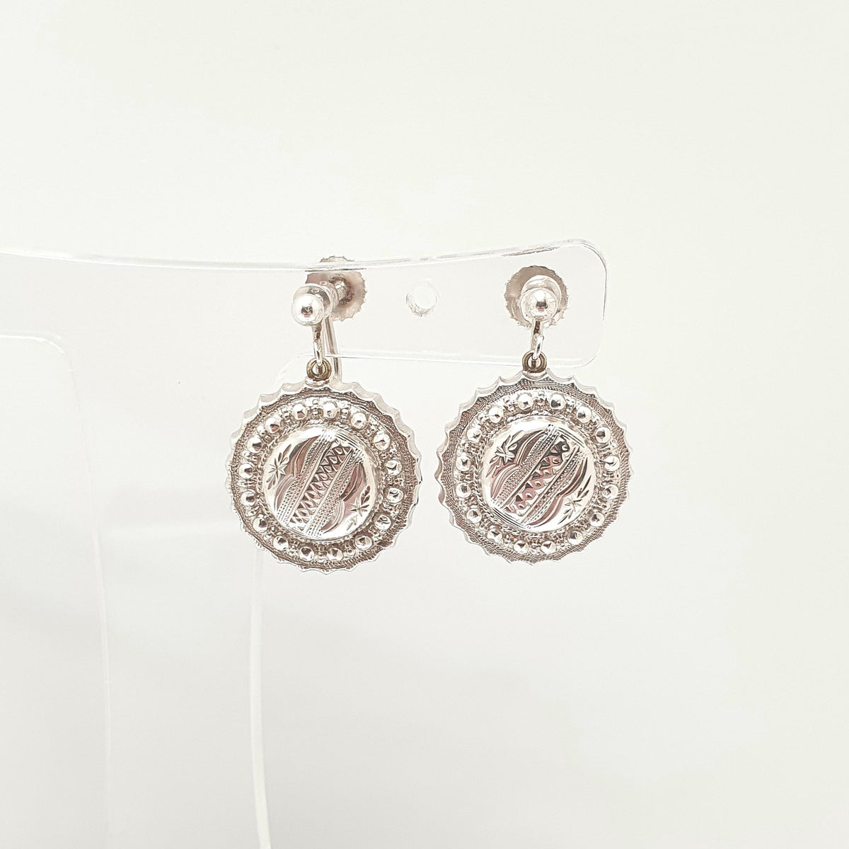 Antique Victorian Solid Silver Earrings Etruscan Dome Beaded Screw Back Drop Hanging Dangle 1800s Womens Vintage Jewelry Jewellery