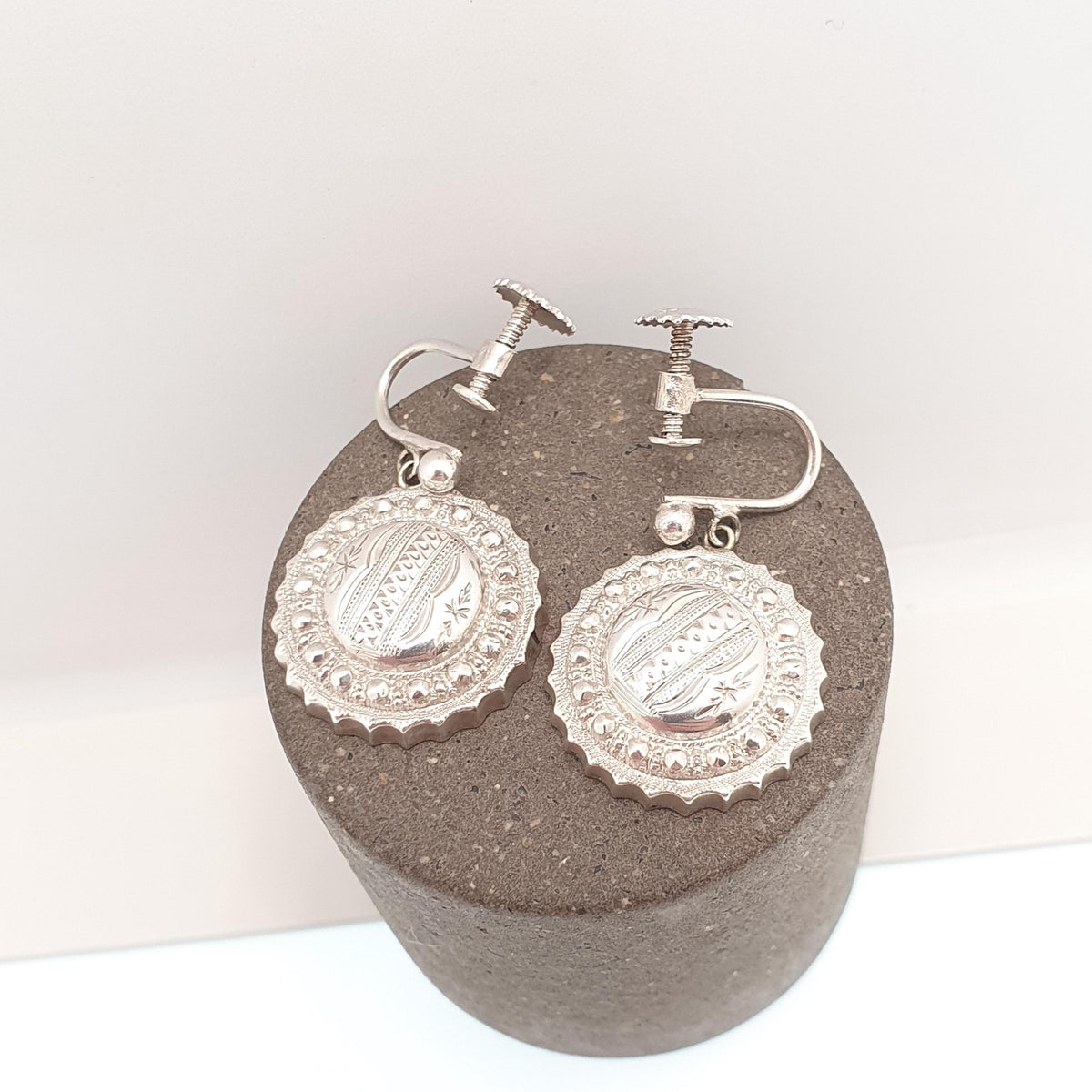 Antique Victorian Solid Silver Earrings Etruscan Dome Beaded Screw Back Drop Hanging Dangle 1800s Womens Vintage Jewelry Jewellery