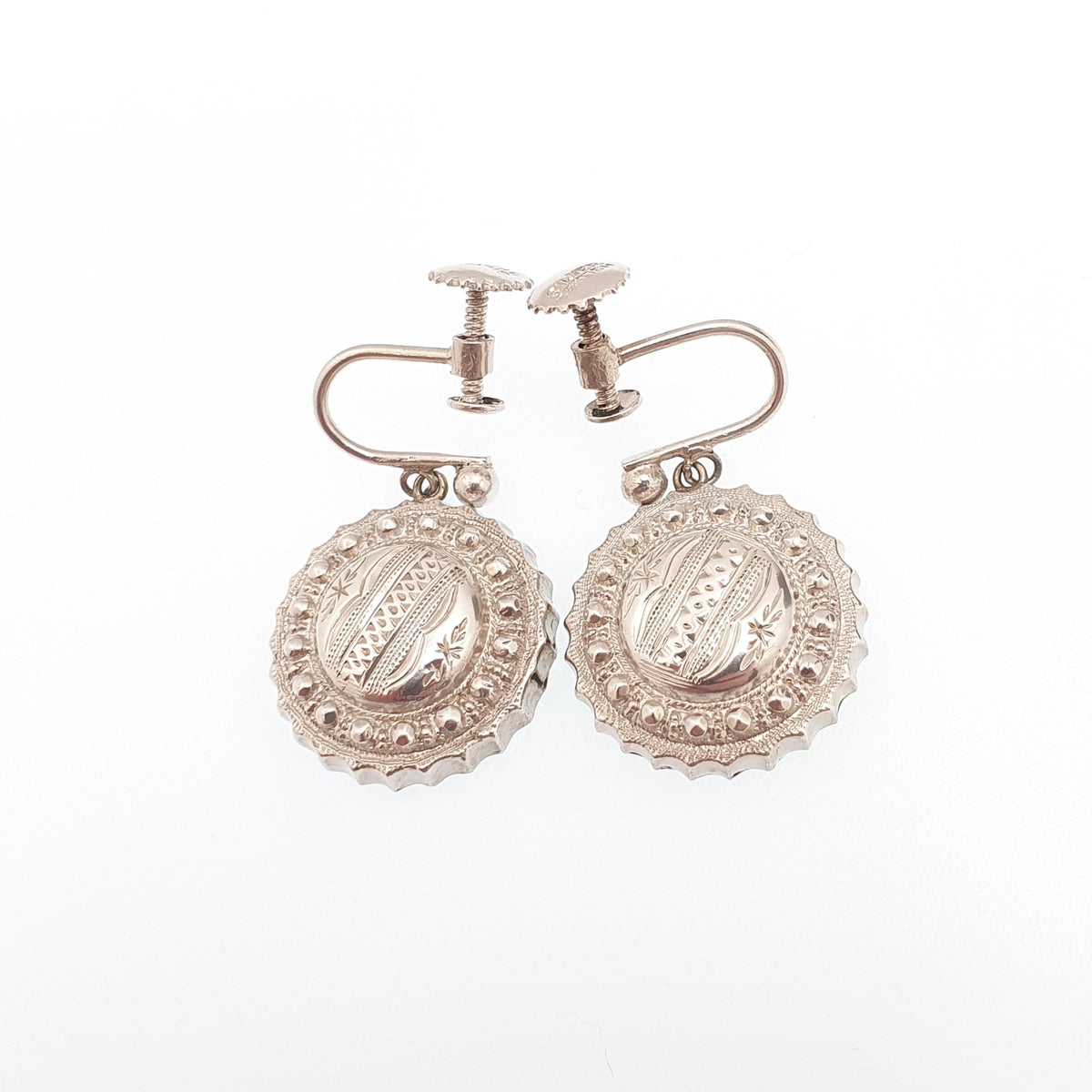 Antique Victorian Solid Silver Earrings Etruscan Dome Beaded Screw Back Drop Hanging Dangle 1800s Womens Vintage Jewelry Jewellery