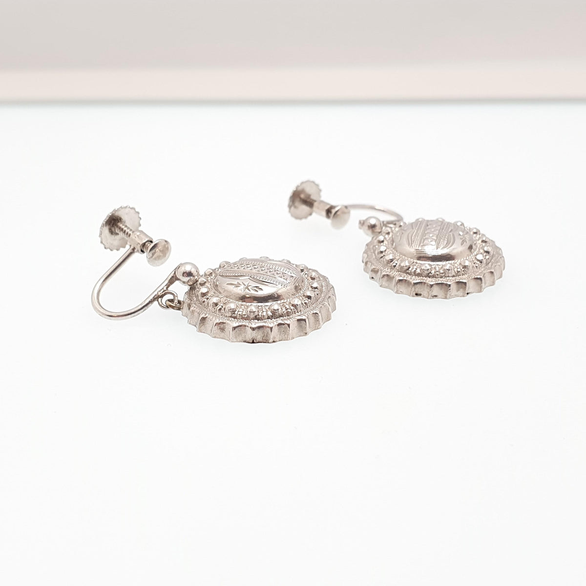 Antique Victorian Solid Silver Earrings Etruscan Dome Beaded Screw Back Drop Hanging Dangle 1800s Womens Vintage Jewelry Jewellery