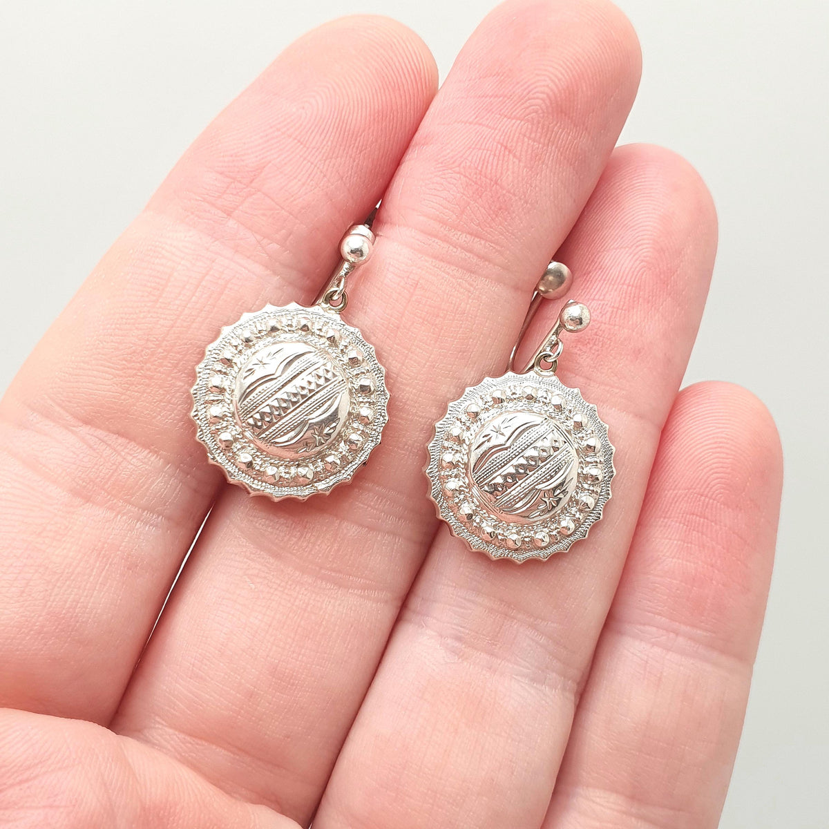 Antique Victorian Solid Silver Earrings Etruscan Dome Beaded Screw Back Drop Hanging Dangle 1800s Womens Vintage Jewelry Jewellery