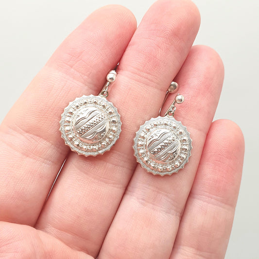 Antique Victorian Solid Silver Earrings Etruscan Dome Beaded Screw Back Drop Hanging Dangle 1800s Womens Vintage Jewelry Jewellery
