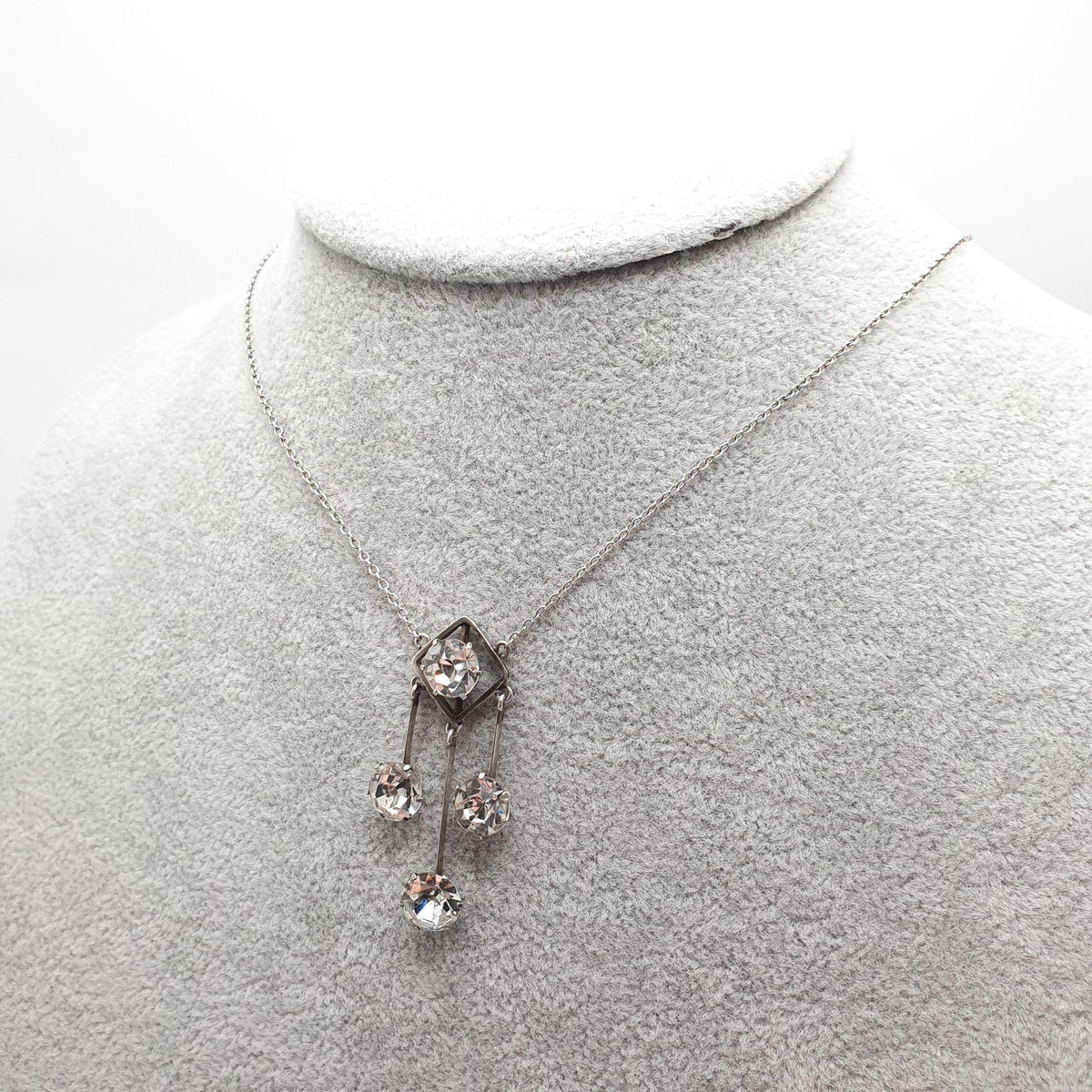 Antique Solid Silver Diamond Paste Necklace Hanging Drop Tassel Lariat Style Edwardian Square Sparkly Vintage Jewellery Womens Jewelry