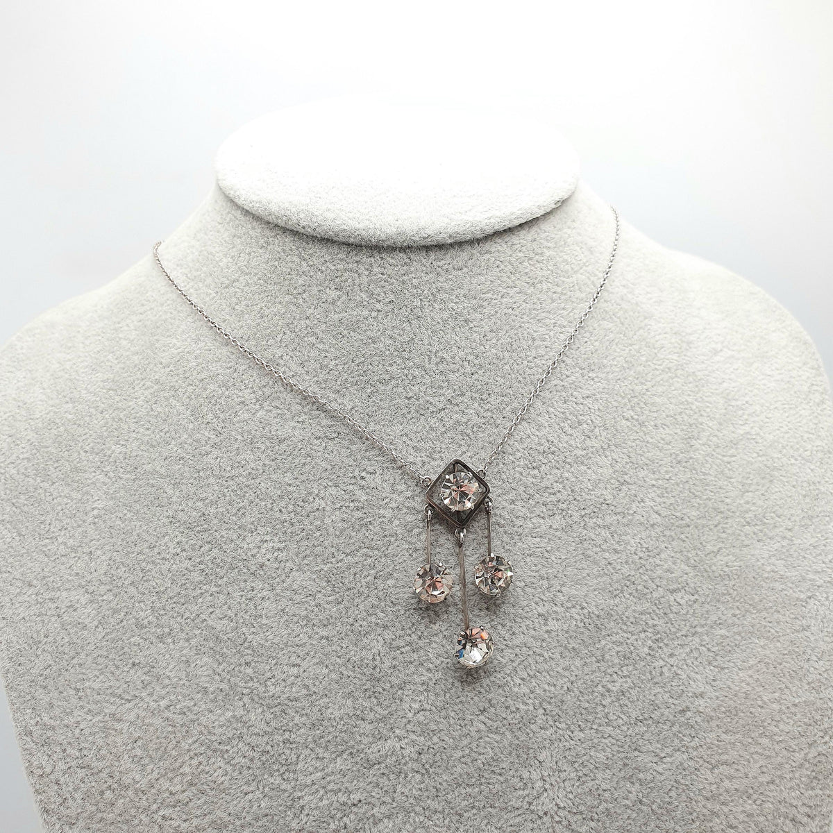 Antique Solid Silver Diamond Paste Necklace Hanging Drop Tassel Lariat Style Edwardian Square Sparkly Vintage Jewellery Womens Jewelry