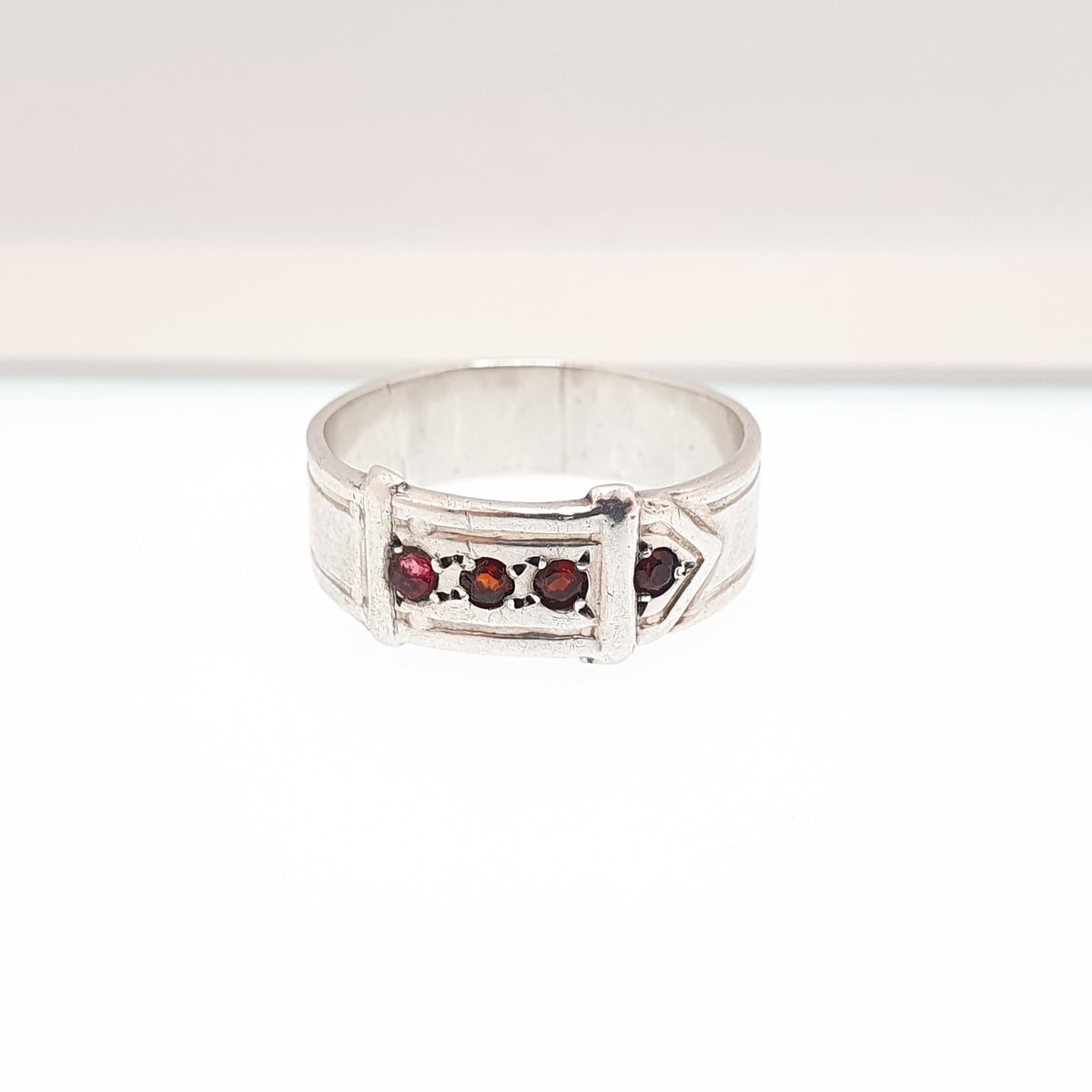 Antique Sterling Silver Garnet Buckle Ring Belt Band Art Deco 1920s Solid 925 Genuine Gemstone Vintage Jewelry Jewellery