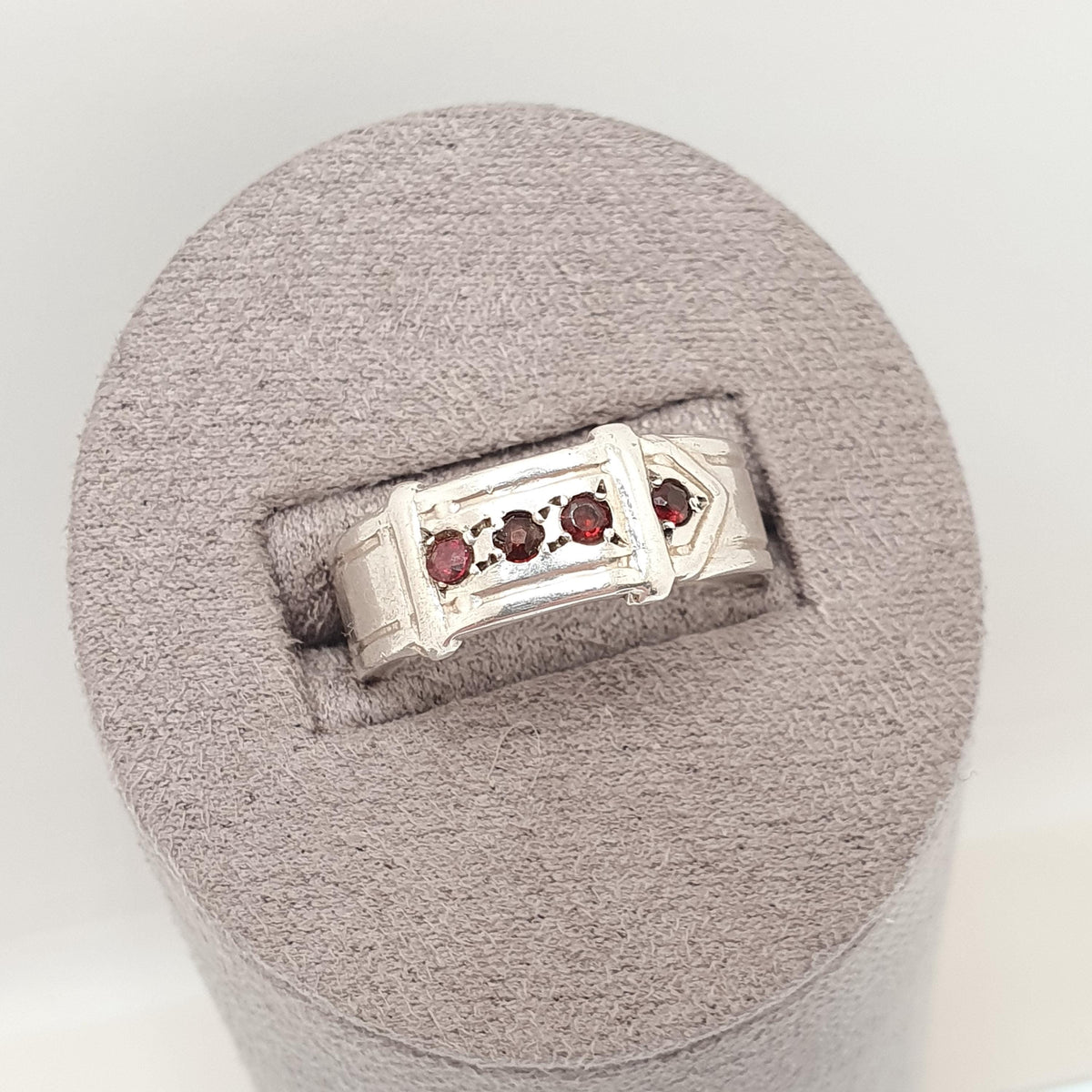 Antique Sterling Silver Garnet Buckle Ring Belt Band Art Deco 1920s Solid 925 Genuine Gemstone Vintage Jewelry Jewellery