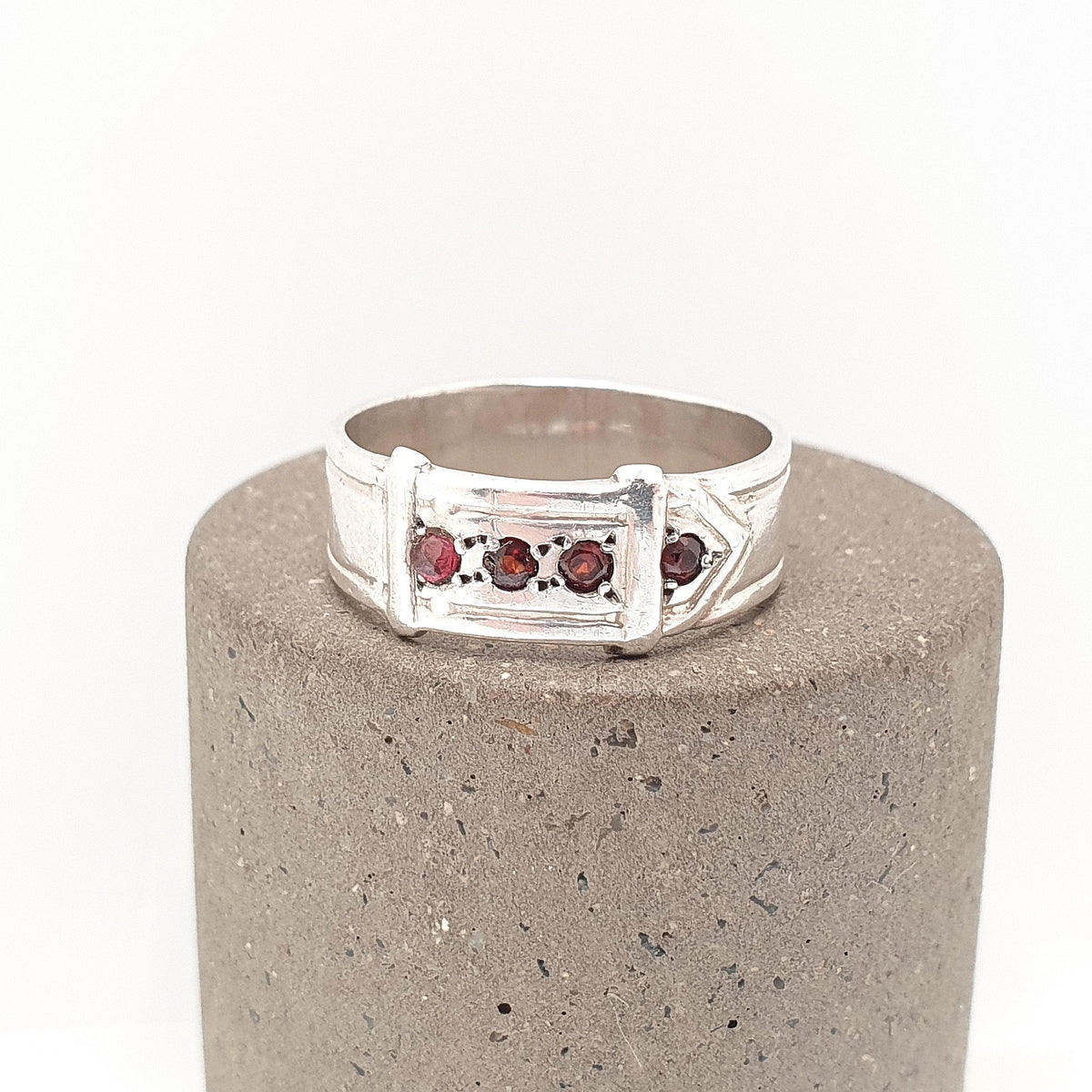 Antique Sterling Silver Garnet Buckle Ring Belt Band Art Deco 1920s Solid 925 Genuine Gemstone Vintage Jewelry Jewellery