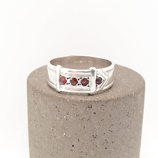 Antique Sterling Silver Garnet Buckle Ring Belt Band Art Deco 1920s Solid 925 Genuine Gemstone Vintage Jewelry Jewellery