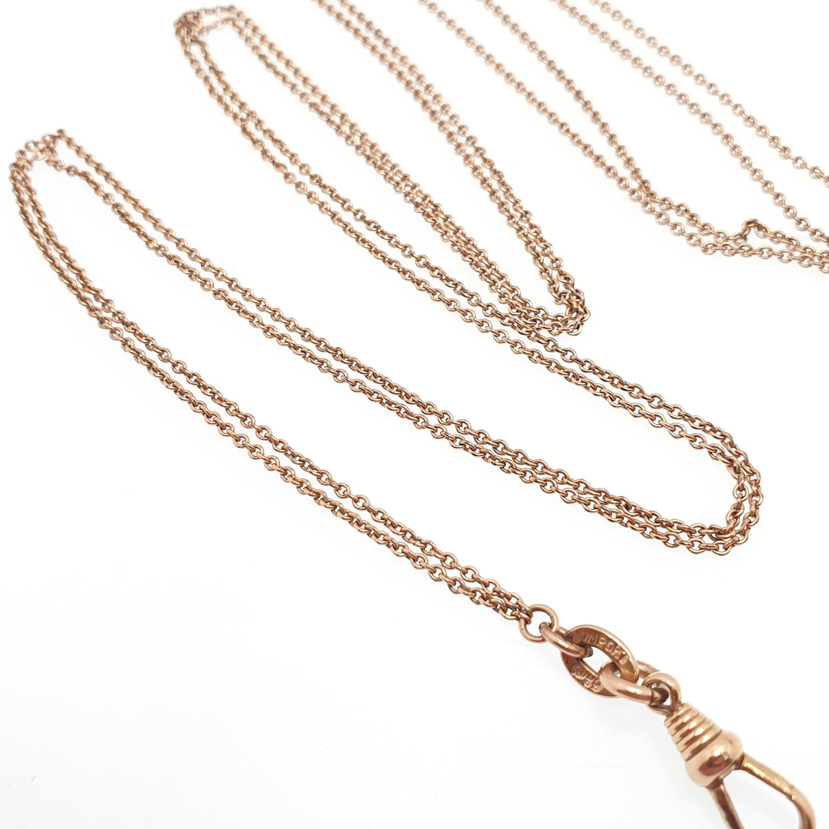 Antique Victorian Rose Rolled Gold Muff Chain Necklace Dog Clip Rolo Link Round 132cm 7.10g Long 1800s Guard Vintage Jewelry Jewellery