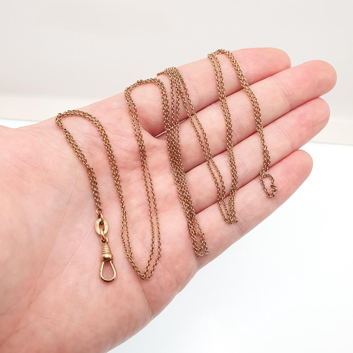 Antique Victorian Rose Rolled Gold Muff Chain Necklace Dog Clip Rolo Link Round 132cm 7.10g Long 1800s Guard Vintage Jewelry Jewellery