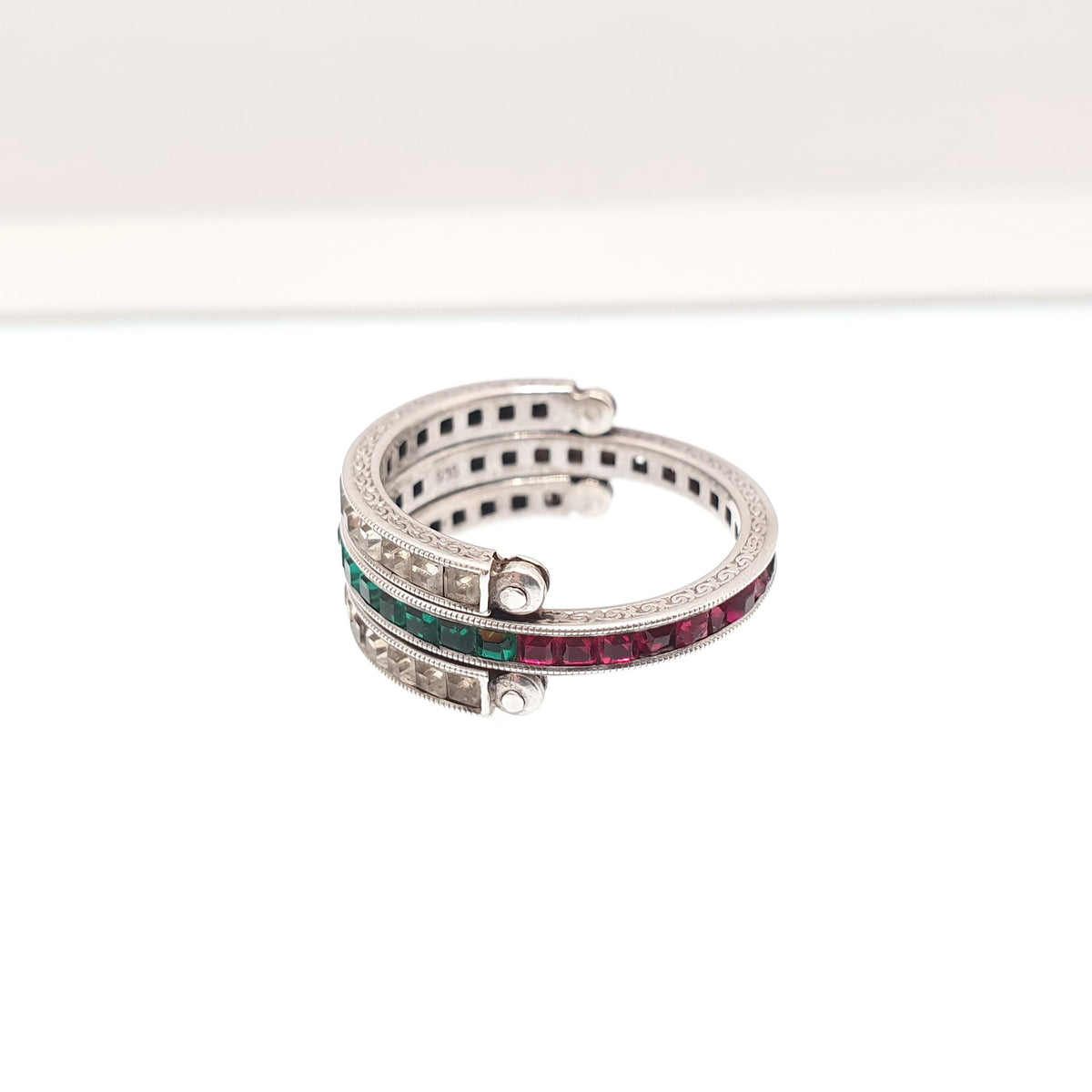 Antique Day & Night Ring Solid Silver Paste Art Deco Channel Set Blue Emerald Ruby and Diamond Pastes Hinged Folding Jewelry