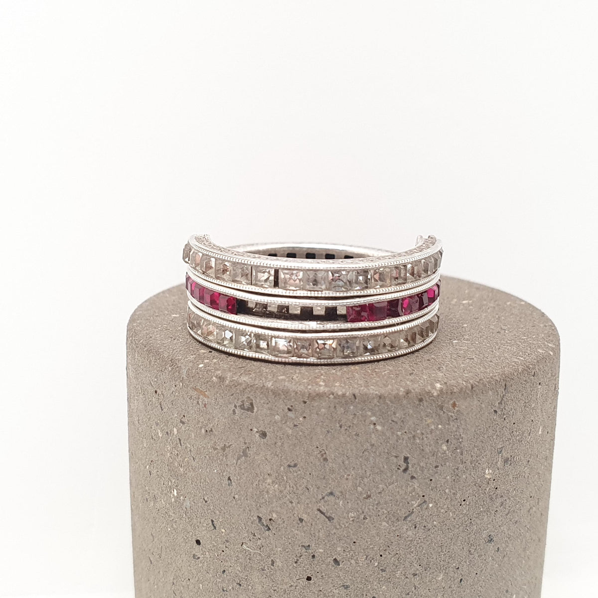 Antique Day & Night Ring Solid Silver Paste Art Deco Channel Set Blue Emerald Ruby and Diamond Pastes Hinged Folding Jewelry