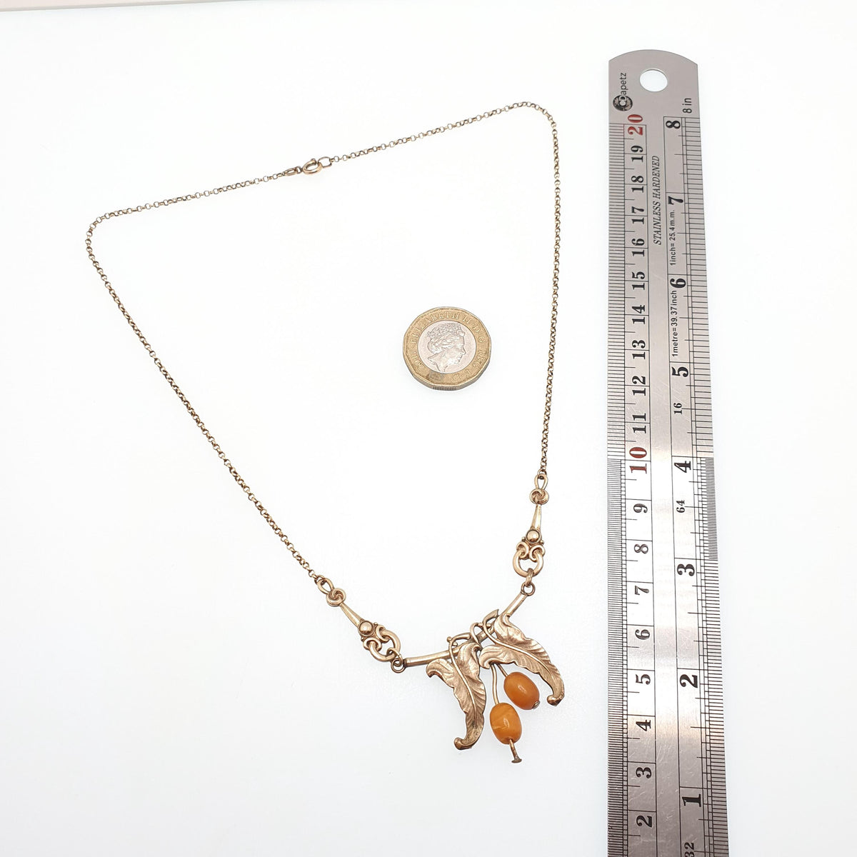 Antique Rolled Gold Art Nouveau Necklace Butterscotch Bead Leaf and Berry Chain Gold Filled Vintage Jewellery Jewelry 45cm 6.87g
