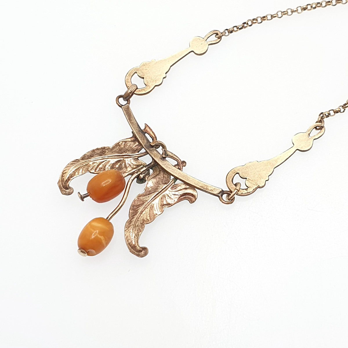 Antique Rolled Gold Art Nouveau Necklace Butterscotch Bead Leaf and Berry Chain Gold Filled Vintage Jewellery Jewelry 45cm 6.87g