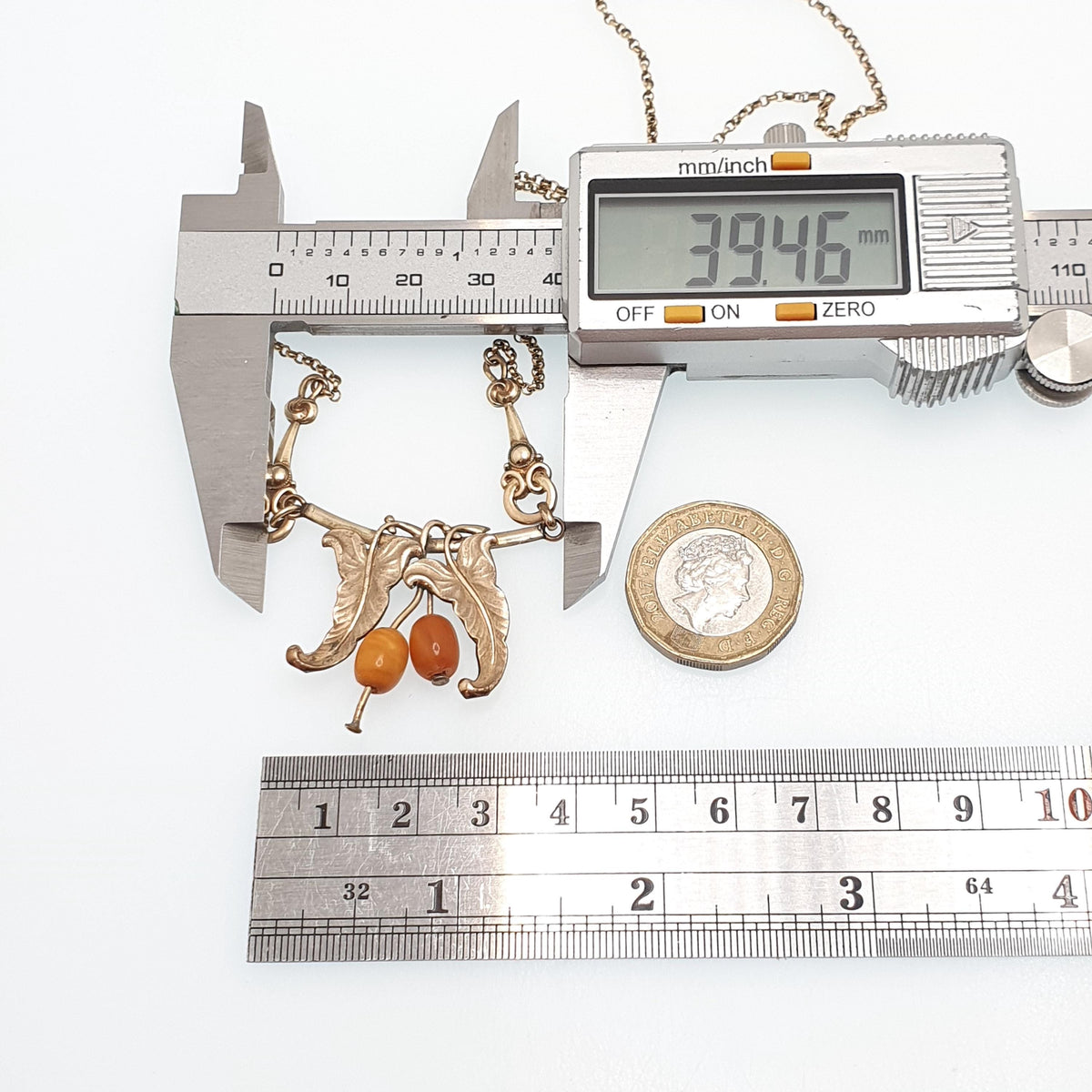 Antique Rolled Gold Art Nouveau Necklace Butterscotch Bead Leaf and Berry Chain Gold Filled Vintage Jewellery Jewelry 45cm 6.87g