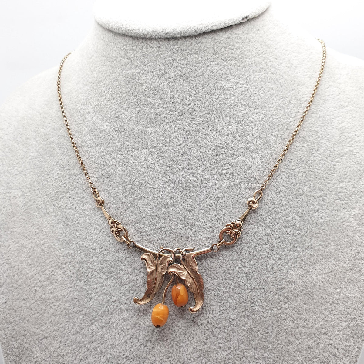 Antique Rolled Gold Art Nouveau Necklace Butterscotch Bead Leaf and Berry Chain Gold Filled Vintage Jewellery Jewelry 45cm 6.87g