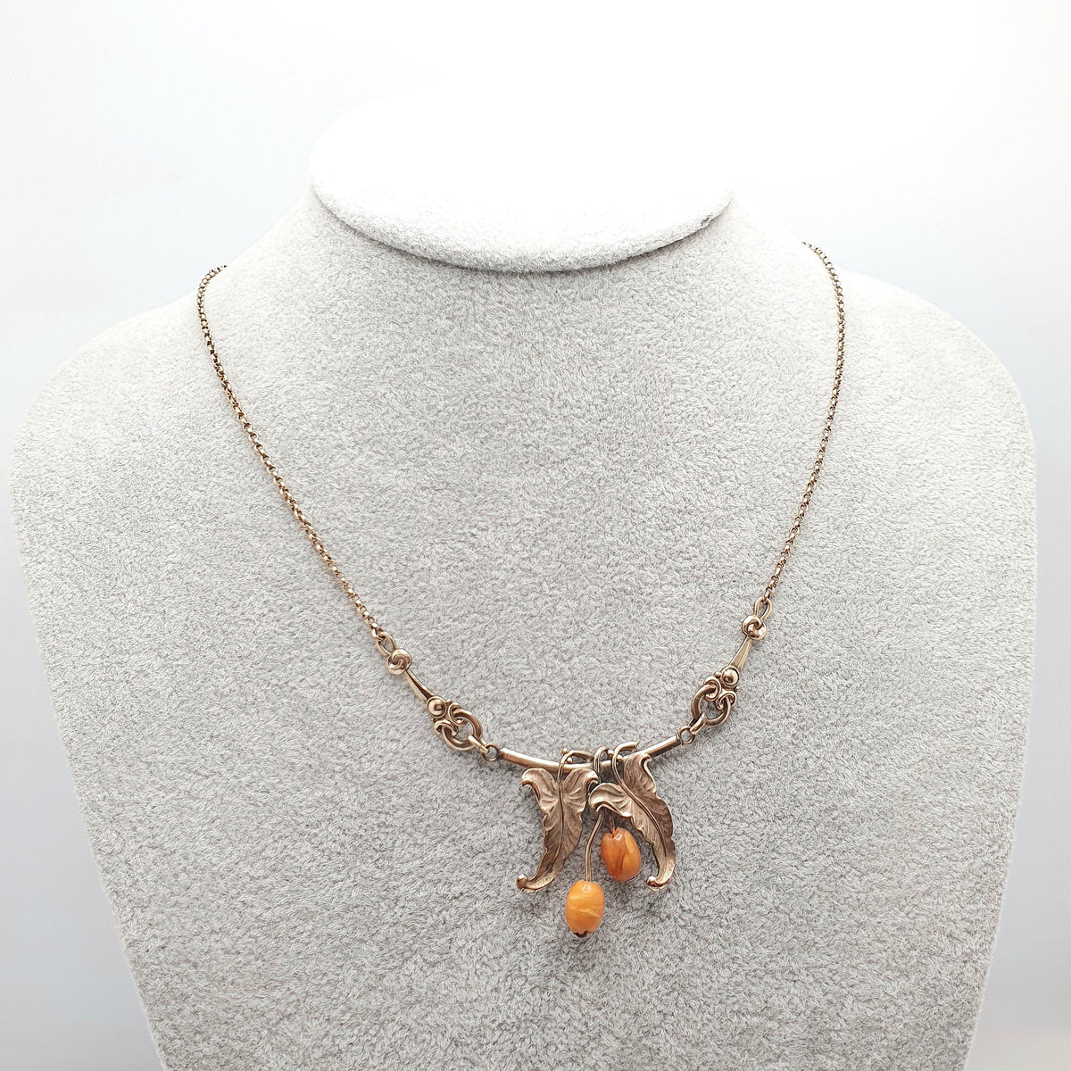 Antique Rolled Gold Art Nouveau Necklace Butterscotch Bead Leaf and Berry Chain Gold Filled Vintage Jewellery Jewelry 45cm 6.87g