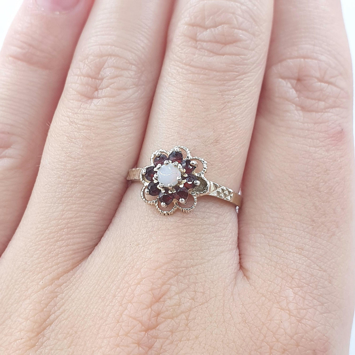 Vintage Gold on Sterling Silver Opal & Garnet Halo Ring Cluster Genuine Gemstone UK P US 7.5 Womens Girls Jewelry Jewellery