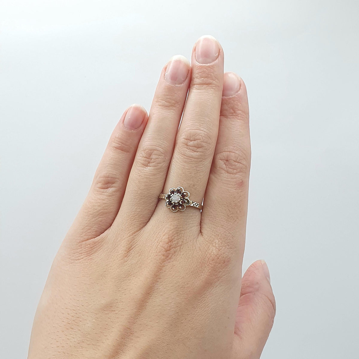 Vintage Gold on Sterling Silver Opal & Garnet Halo Ring Cluster Genuine Gemstone UK P US 7.5 Womens Girls Jewelry Jewellery