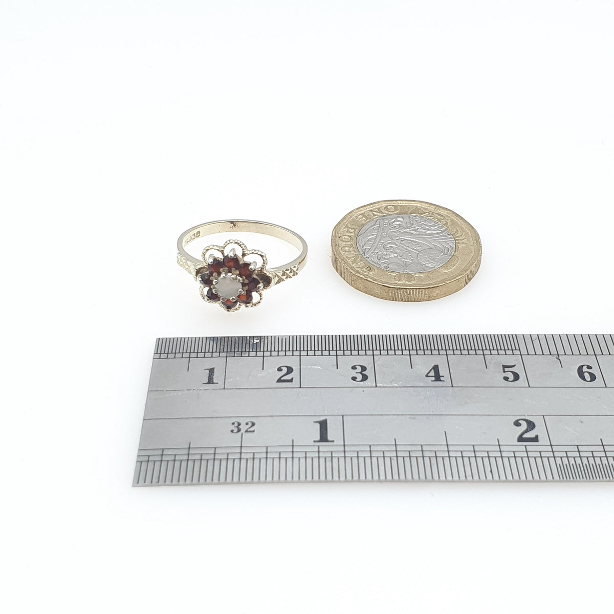 Vintage Gold on Sterling Silver Opal & Garnet Halo Ring Cluster Genuine Gemstone UK P US 7.5 Womens Girls Jewelry Jewellery