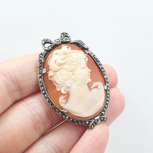 Antique Art Deco Solid Silver Cameo Brooch Marcasite Bow Hand Carved Shell 1920s Vintage Jewelry Jewellery Womens
