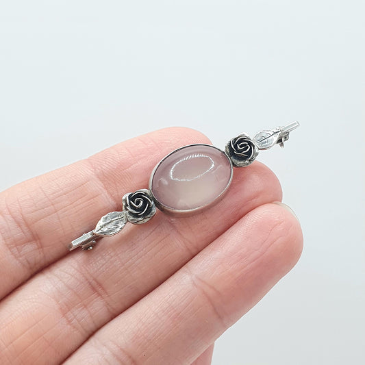 Antique Art Deco Solid Silver Grey Moonstone Brooch Rose Flower Leaf Decoration Adularescence Womens Jewelry Jewellery