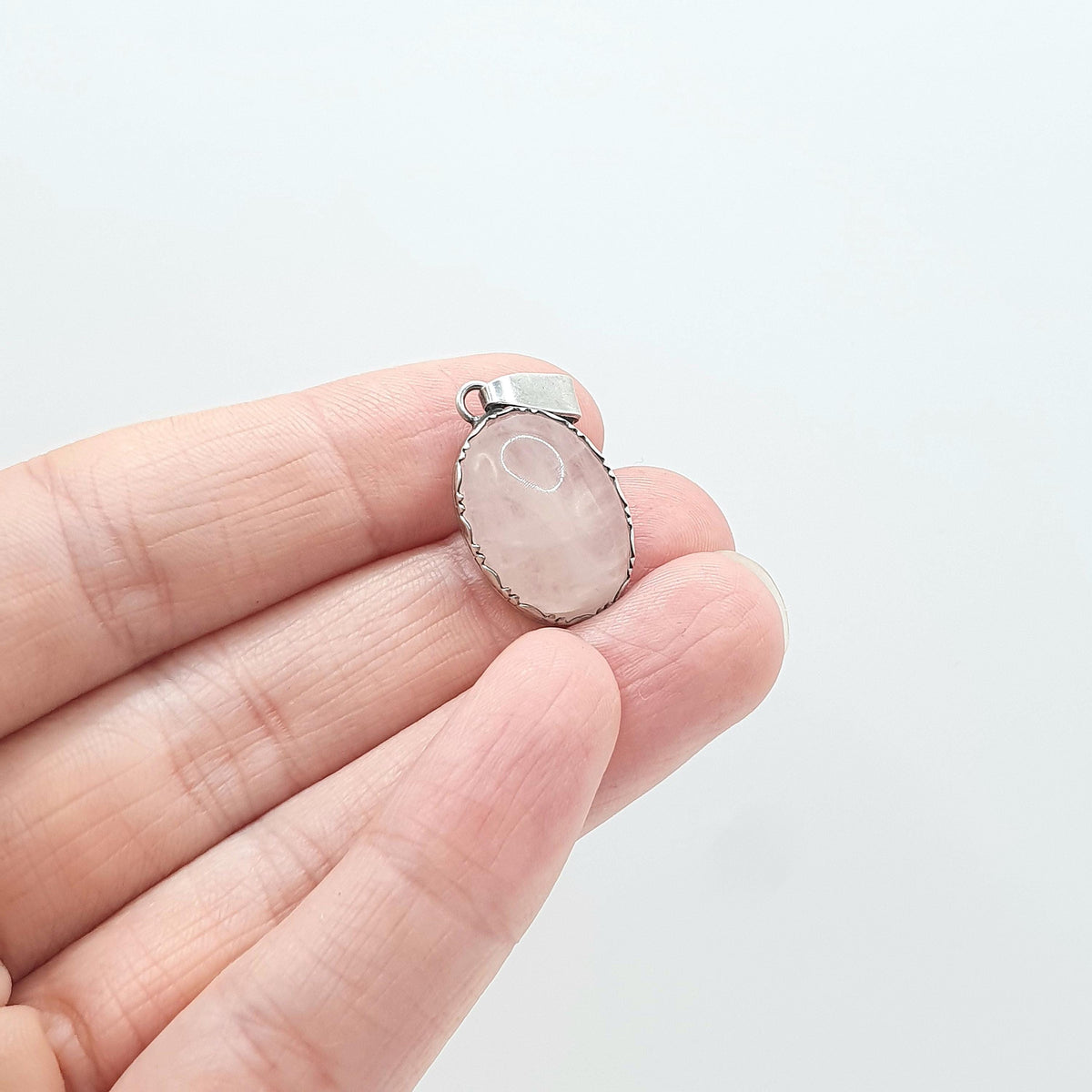Antique Solid Silver Rose Quartz Pendant Necklace Art Deco Pink Quartz Patterned Border Vintage Womens Jewelry Jewellery