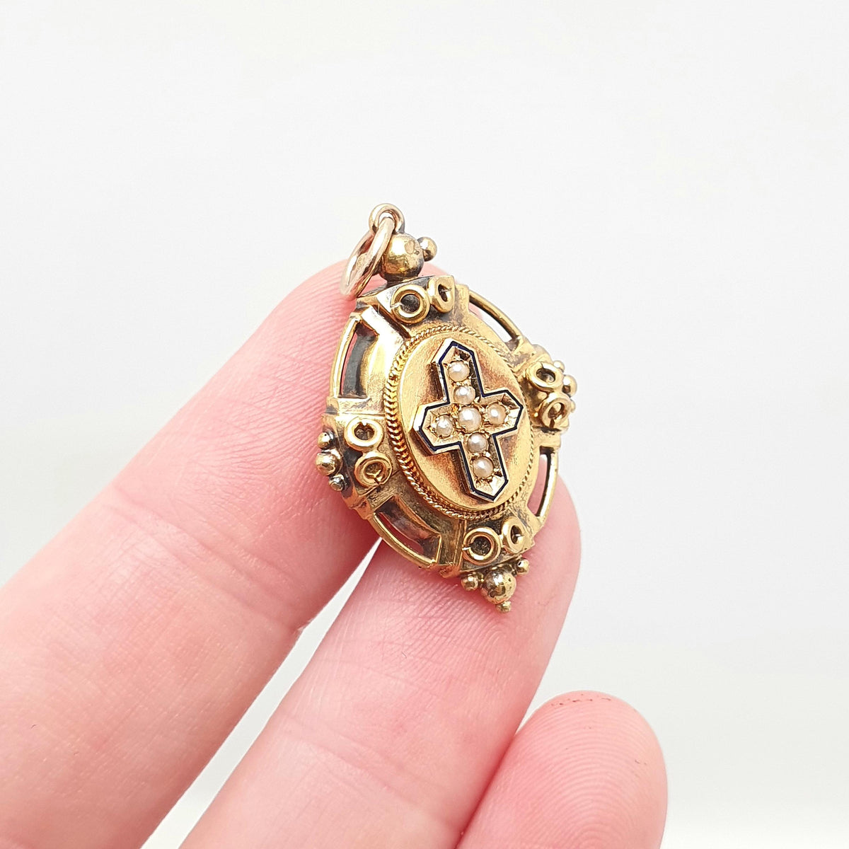 Antique 15ct Gold Pearl Pendant Victorian Cross Crucifix Necklace Solid 625 15 Carat Blue Enamel Yellow Gold Vintage Jewelry Jewellery