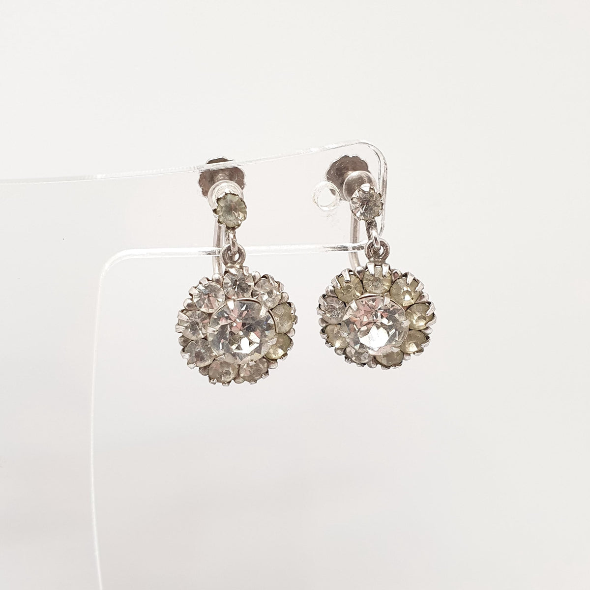 Antique Solid Silver Diamond Paste Earrings Cluster Screw Back Sparkly Foiled Glass Halo Vintage Womens Jewelry Jewellery