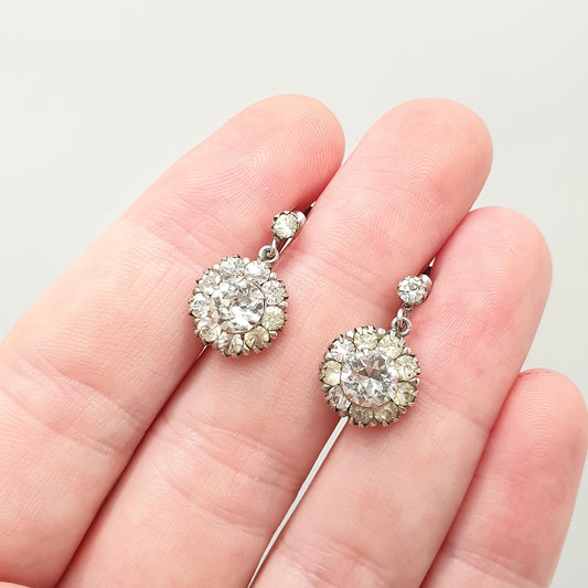 Antique Solid Silver Diamond Paste Earrings Cluster Screw Back Sparkly Foiled Glass Halo Vintage Womens Jewelry Jewellery