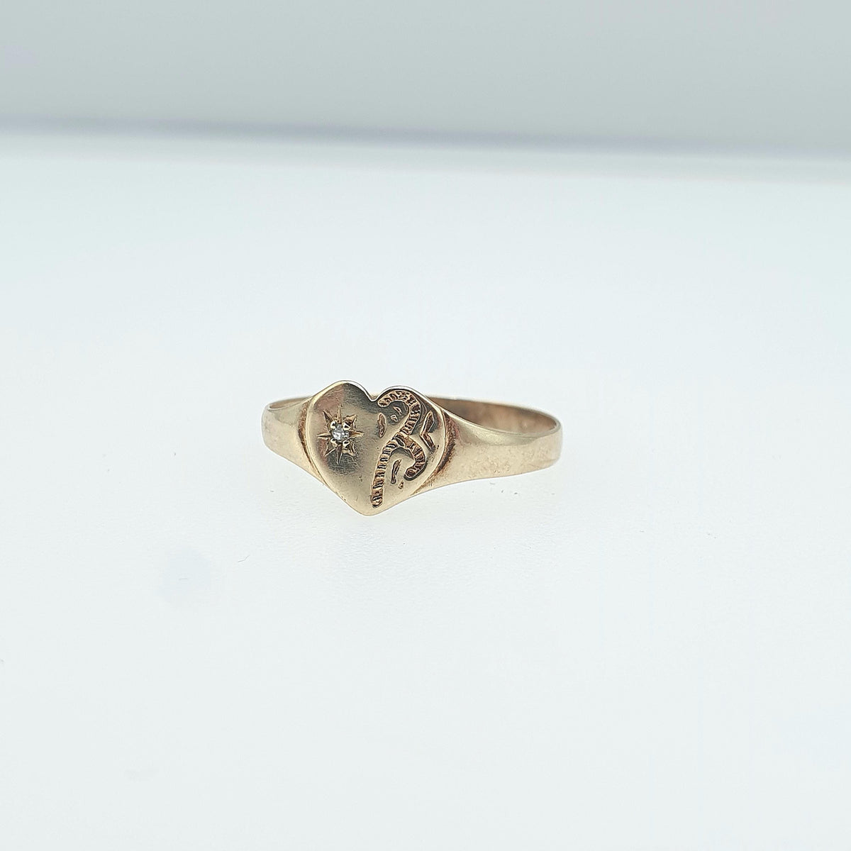 Vintage 9ct Gold Diamond Heart Ring Signet Genuine Natural Gemstone Solid 9k UK O US 7.25 Retro Love Gift Romantic Womens Jewelry Jewellery