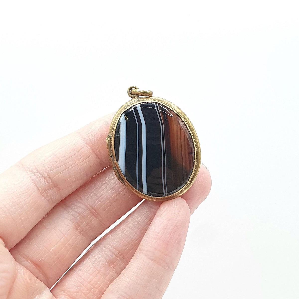 Antique Victorian Agate Locket Large Oval Genuine Gemstone Banded Striped Gold Tone Base Metal Vintage Womens Jewelry Jewellery
