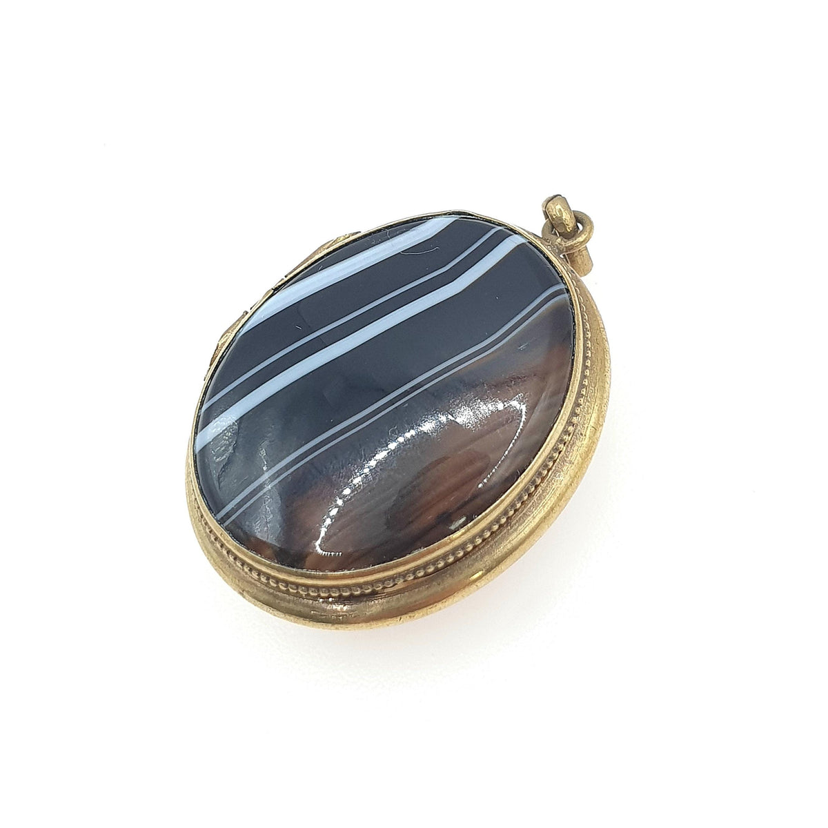 Antique Victorian Agate Locket Large Oval Genuine Gemstone Banded Striped Gold Tone Base Metal Vintage Womens Jewelry Jewellery