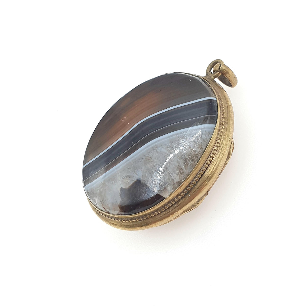 Antique Victorian Agate Locket Large Oval Genuine Gemstone Banded Striped Gold Tone Base Metal Vintage Womens Jewelry Jewellery