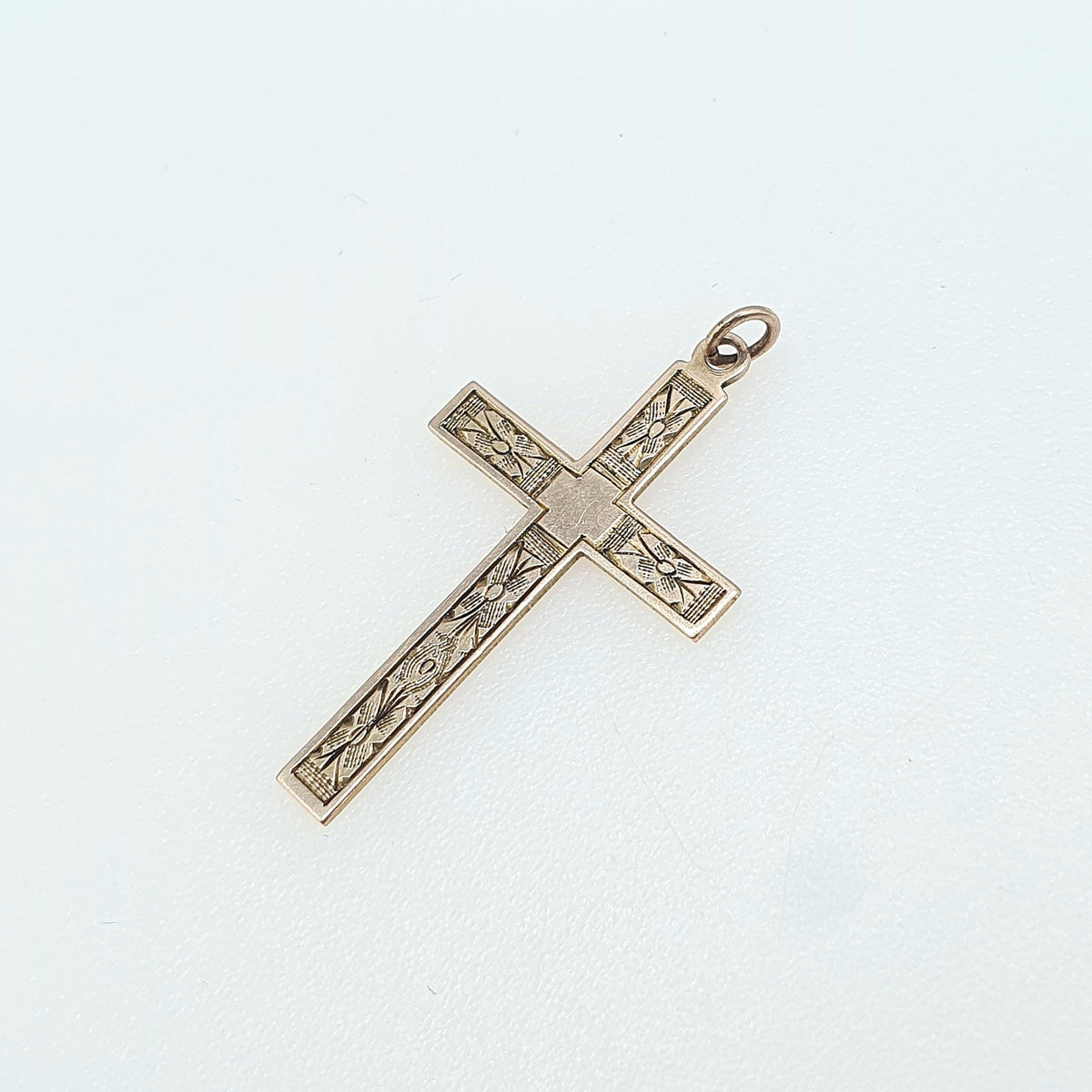 Antique 9ct Rose Gold Crucifix Pendant Cross Necklace Hand Engraved Flowers Solid 9k 9kt Vintage Womens Mens Jewellery Jewelry