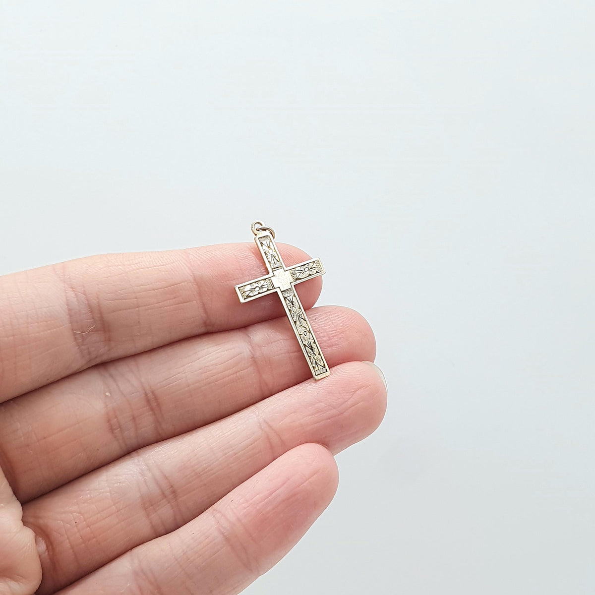 Antique 9ct Rose Gold Crucifix Pendant Cross Necklace Hand Engraved Flowers Solid 9k 9kt Vintage Womens Mens Jewellery Jewelry