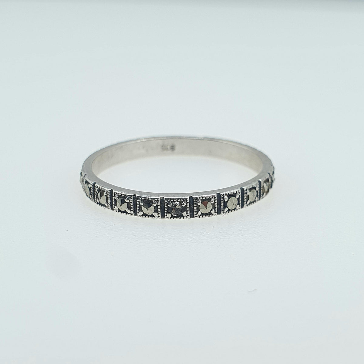 Antique Art Deco Solid Silver Marcasite Eternity Ring Square Shapes Full Band Stacker Stacking Womens Jewelry Jewellery UK R.5 US 8.75