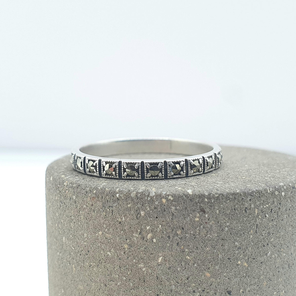 Antique Art Deco Solid Silver Marcasite Eternity Ring Square Shapes Full Band Stacker Stacking Womens Jewelry Jewellery UK R.5 US 8.75